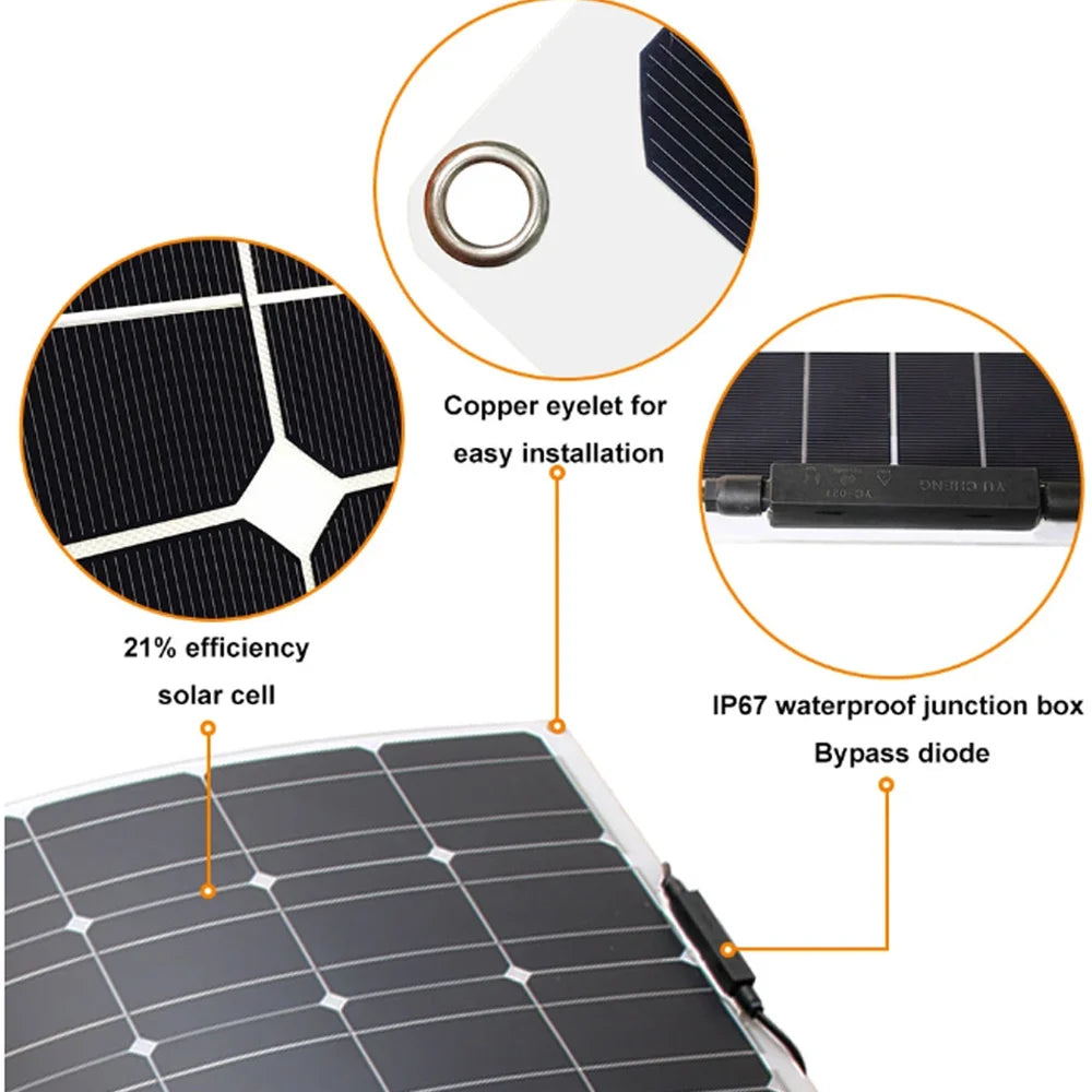 18V 100W Flexible Solar Panels 300W Waterproof Monocrystalline Solar Panel Camping RV Home Charge 12V