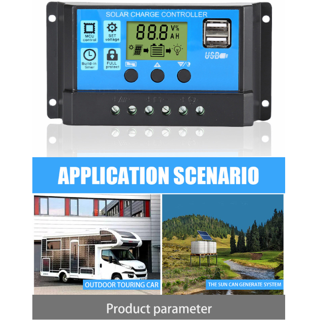 Controller 60A / 50A / 40A / 30A / 20A / 10A 12V 24V automatic solar charging controller PWM controller dual USB support mobile