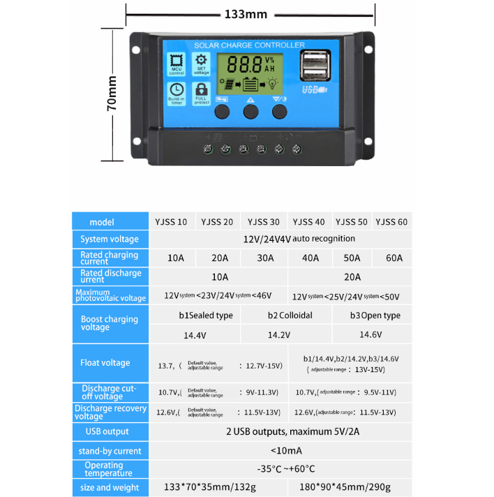 Controller 60A / 50A / 40A / 30A / 20A / 10A 12V 24V automatic solar charging controller PWM controller dual USB support mobile