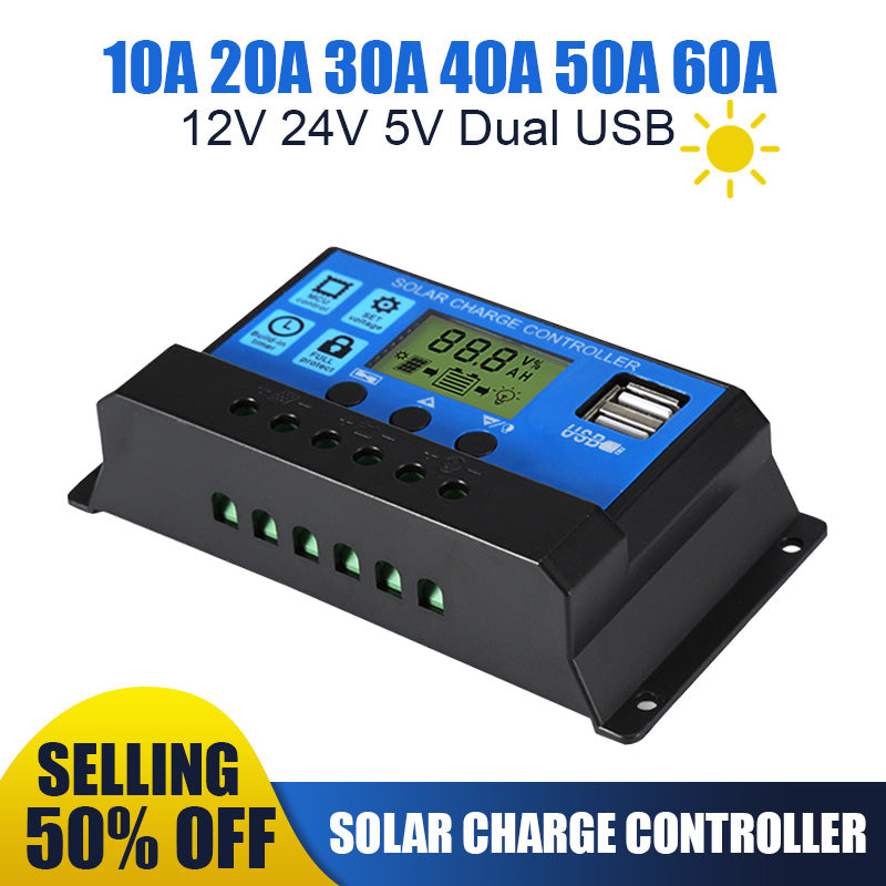Controller 60A / 50A / 40A / 30A / 20A / 10A 12V 24V automatic solar charging controller PWM controller dual USB support mobile