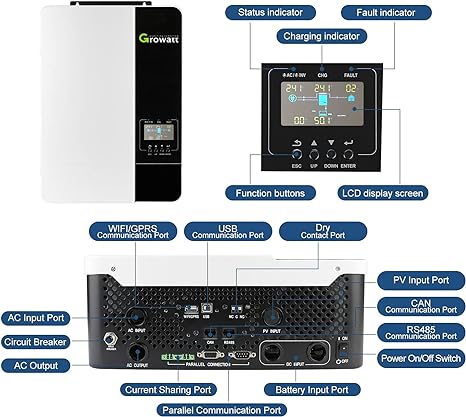 Growatt Solar Inverter Growatt 3500W 48V Hybrid Inverter, 80A MPPT Solar Controller Output AC220V Input PV max 450V Can Work with or Without Battery