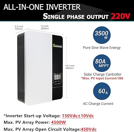 Growatt Solar Inverter Growatt 3500W 48V Hybrid Inverter, 80A MPPT Solar Controller Output AC220V Input PV max 450V Can Work with or Without Battery