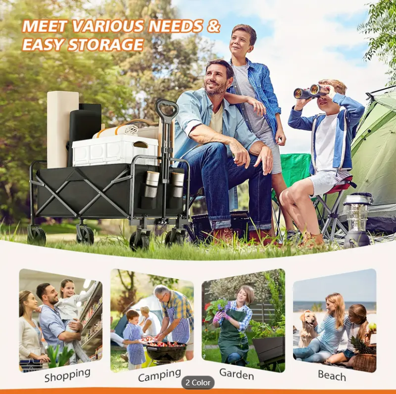Collapsible Foldable Wagon Cart, Large Capacity Garden Beach Cart with All-Terrain Wheels, Heavy Duty Utility Grocery Wagon with Drink Holders for Shopping Sports Camping