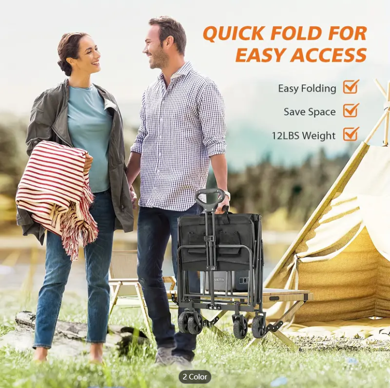 Collapsible Foldable Wagon Cart, Large Capacity Garden Beach Cart with All-Terrain Wheels, Heavy Duty Utility Grocery Wagon with Drink Holders for Shopping Sports Camping