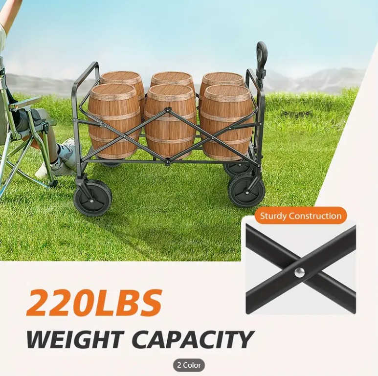 Collapsible Foldable Wagon Cart, Large Capacity Garden Beach Cart with All-Terrain Wheels, Heavy Duty Utility Grocery Wagon with Drink Holders for Shopping Sports Camping