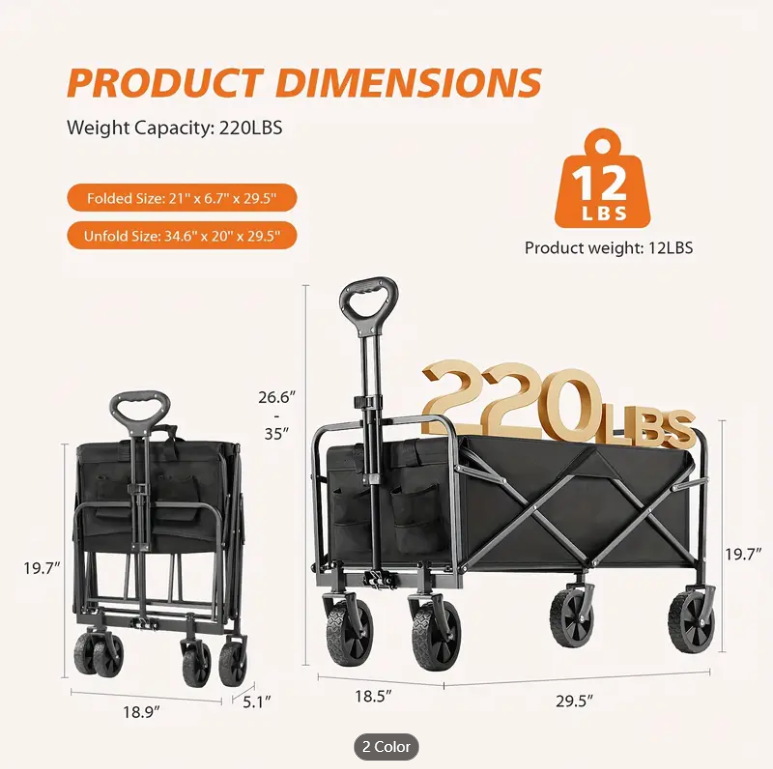 Collapsible Foldable Wagon Cart, Large Capacity Garden Beach Cart with All-Terrain Wheels, Heavy Duty Utility Grocery Wagon with Drink Holders for Shopping Sports Camping