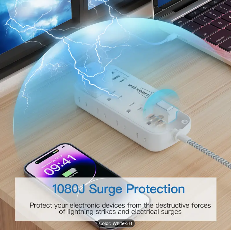2PCS Flat Plug Surge Protector Power Strip, 5 Ft Braided Flat Extension Cord With 3 USB Charger (1 USB C), 8 AC Outlets Compact Desk Charging Station Wall Mount For Office, School, Dorm