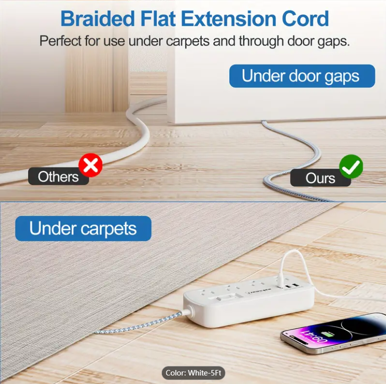 2PCS Flat Plug Surge Protector Power Strip, 5 Ft Braided Flat Extension Cord With 3 USB Charger (1 USB C), 8 AC Outlets Compact Desk Charging Station Wall Mount For Office, School, Dorm