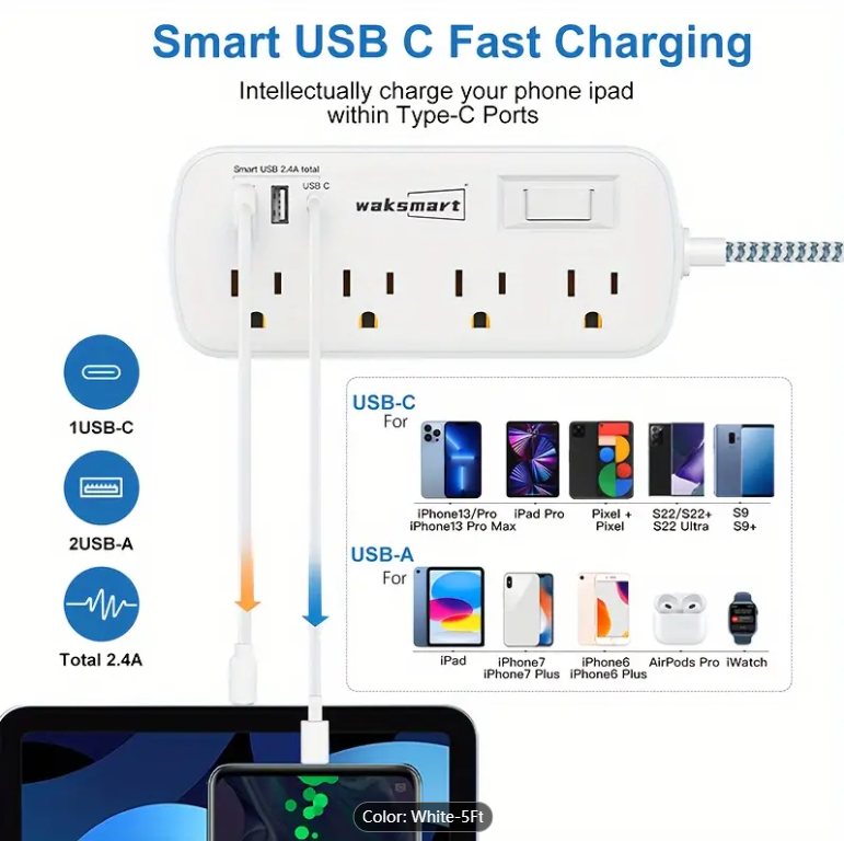 2PCS Flat Plug Surge Protector Power Strip, 5 Ft Braided Flat Extension Cord With 3 USB Charger (1 USB C), 8 AC Outlets Compact Desk Charging Station Wall Mount For Office, School, Dorm