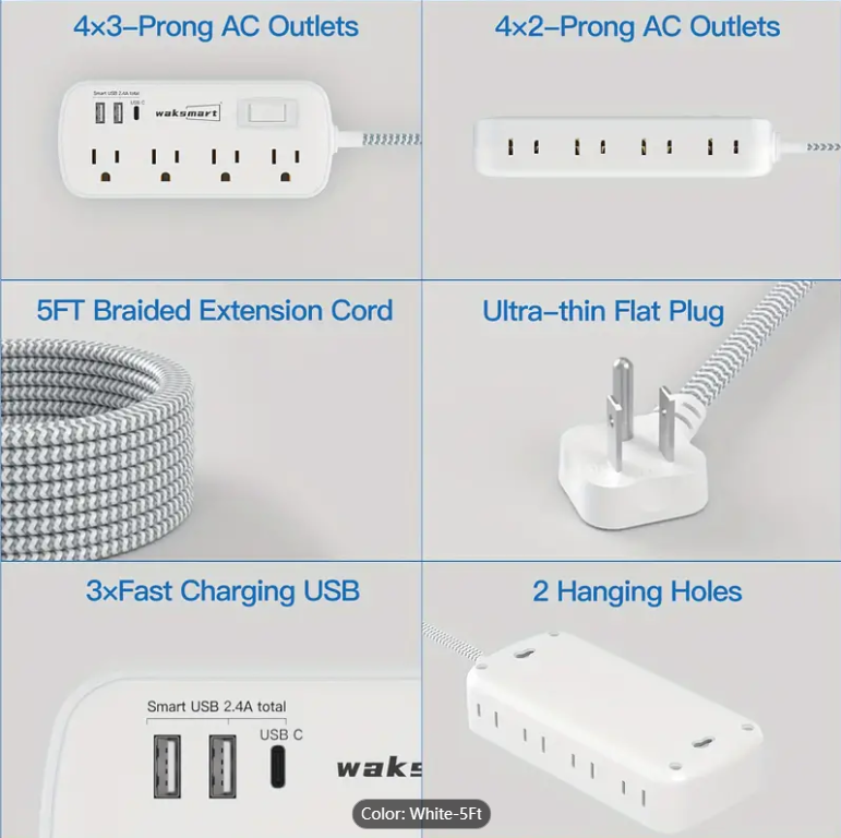 2PCS Flat Plug Surge Protector Power Strip, 5 Ft Braided Flat Extension Cord With 3 USB Charger (1 USB C), 8 AC Outlets Compact Desk Charging Station Wall Mount For Office, School, Dorm