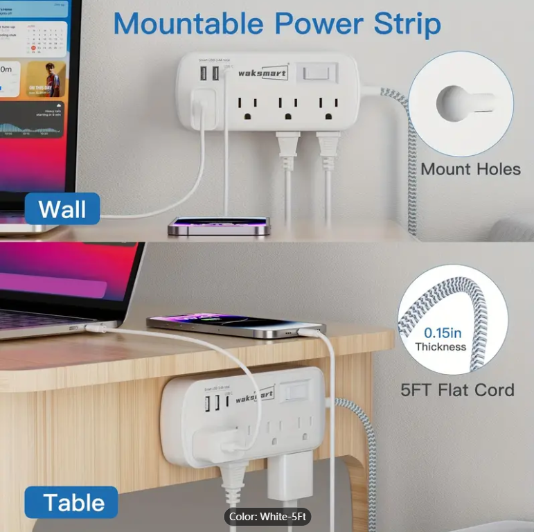 2PCS Flat Plug Surge Protector Power Strip, 5 Ft Braided Flat Extension Cord With 3 USB Charger (1 USB C), 8 AC Outlets Compact Desk Charging Station Wall Mount For Office, School, Dorm