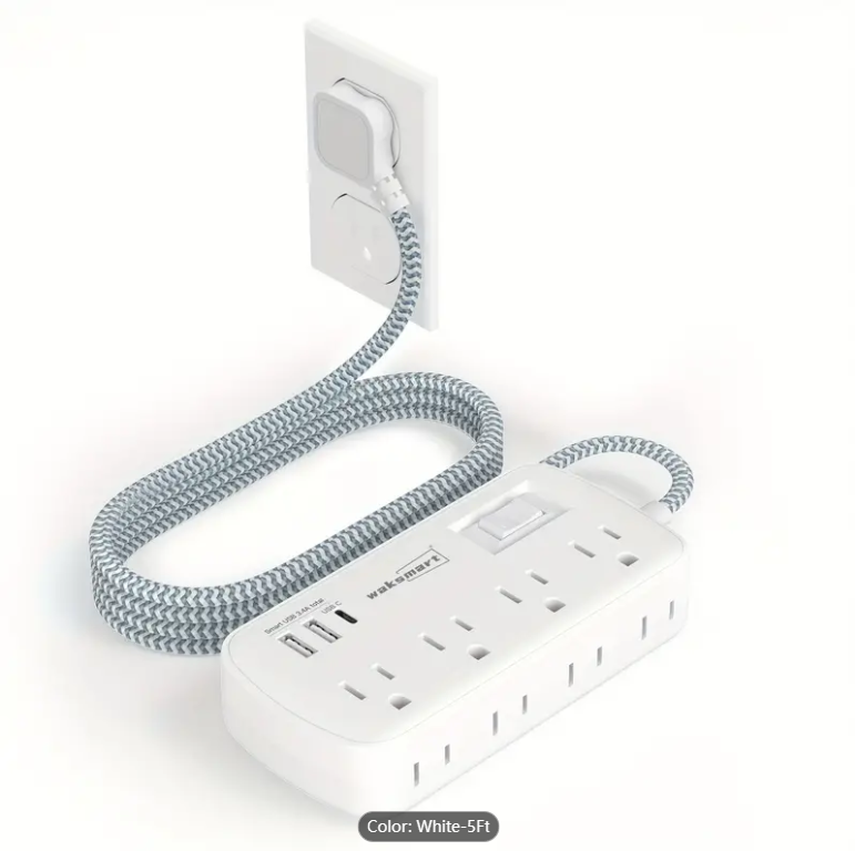 2PCS Flat Plug Surge Protector Power Strip, 5 Ft Braided Flat Extension Cord With 3 USB Charger (1 USB C), 8 AC Outlets Compact Desk Charging Station Wall Mount For Office, School, Dorm