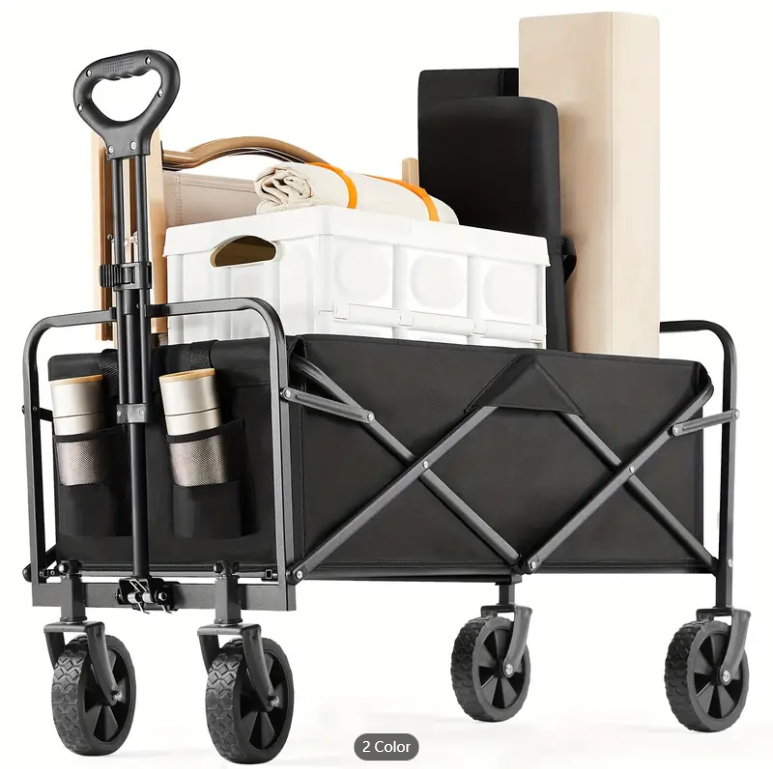 Collapsible Foldable Wagon Cart, Large Capacity Garden Beach Cart with All-Terrain Wheels, Heavy Duty Utility Grocery Wagon with Drink Holders for Shopping Sports Camping