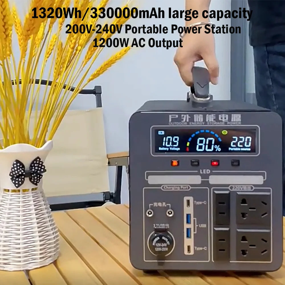 200-240V 1200W Solar Generator 330000mAh 1320Wh Portable Power Station Pure Sine Wave for Home Car Refrigerator Drone Laptops