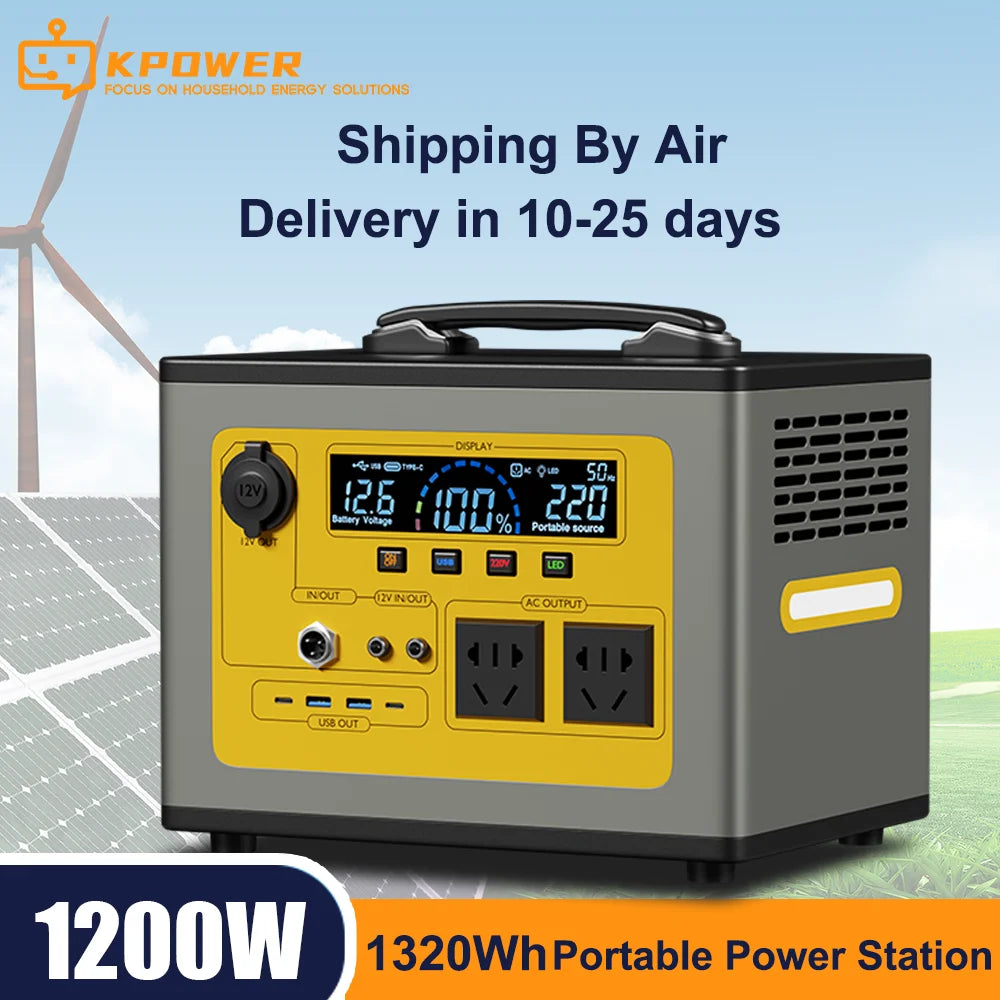 220V - 240V 1320Wh Power Station Protable Power Bank 1200W 450000mAh Lifepo4 Battery With EU Plug Fast Charging Solar Generator