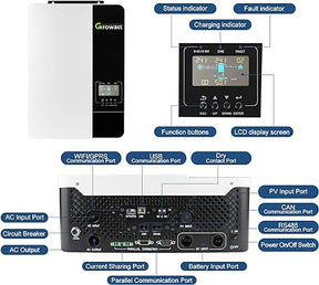 Growatt Solar Inverter Growatt 3500W 48V Hybrid Inverter, 80A MPPT Solar Controller Output AC220V Input PV max 450V Can Work with or Without Battery
