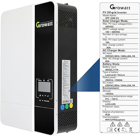 Growatt Solar Inverter Growatt 3500W 48V Hybrid Inverter, 80A MPPT Solar Controller Output AC220V Input PV max 450V Can Work with or Without Battery