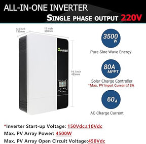 Growatt Solar Inverter Growatt 3500W 48V Hybrid Inverter, 80A MPPT Solar Controller Output AC220V Input PV max 450V Can Work with or Without Battery