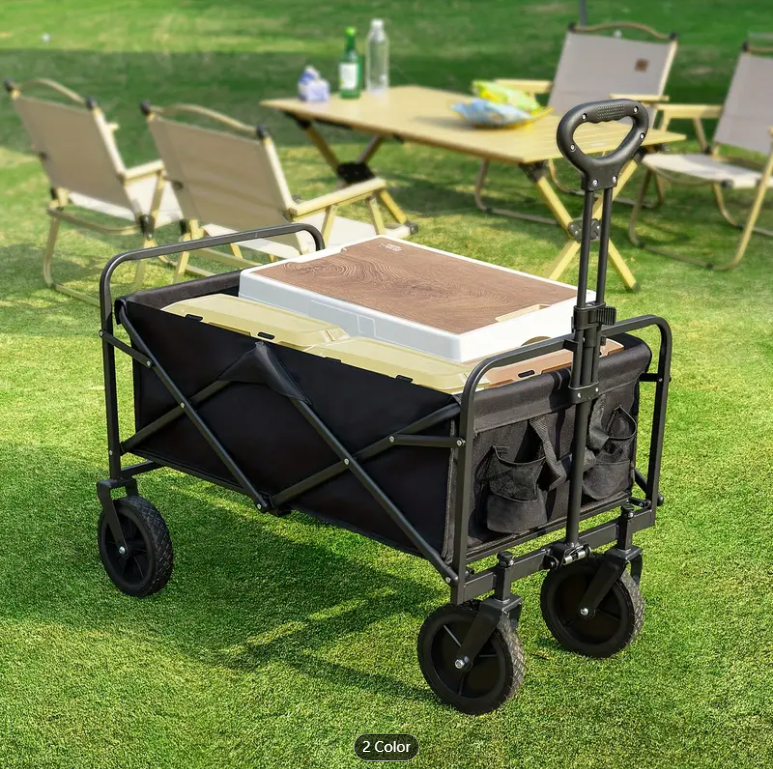 Collapsible Foldable Wagon Cart, Large Capacity Garden Beach Cart with All-Terrain Wheels, Heavy Duty Utility Grocery Wagon with Drink Holders for Shopping Sports Camping
