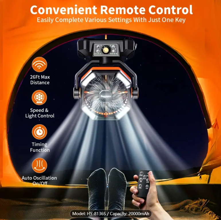 20000mAh Camping Fan with Dual Motor, Battery Powered Fan with 4 LED Lanterns, 8 Speed Desk Fan with Remote Control, Portable Outdoor Fan with Hook for Tent, Power Outage, Construction Site