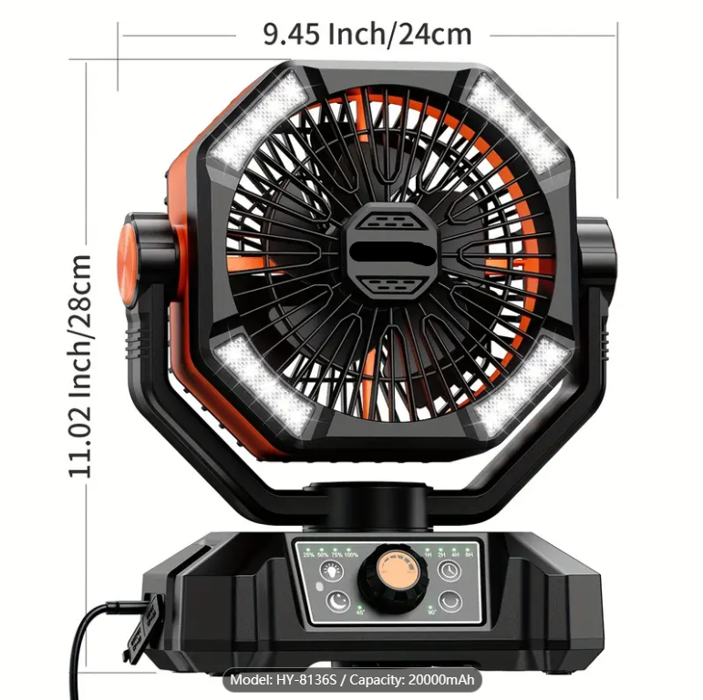 20000mAh Camping Fan with Dual Motor, Battery Powered Fan with 4 LED Lanterns, 8 Speed Desk Fan with Remote Control, Portable Outdoor Fan with Hook for Tent, Power Outage, Construction Site