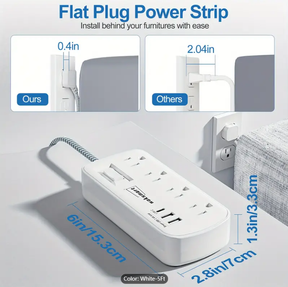 2PCS Flat Plug Surge Protector Power Strip, 5 Ft Braided Flat Extension Cord With 3 USB Charger (1 USB C), 8 AC Outlets Compact Desk Charging Station Wall Mount For Office, School, Dorm