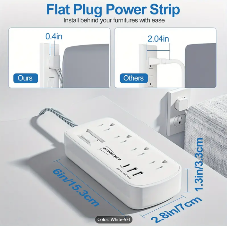 2PCS Flat Plug Surge Protector Power Strip, 5 Ft Braided Flat Extension Cord With 3 USB Charger (1 USB C), 8 AC Outlets Compact Desk Charging Station Wall Mount For Office, School, Dorm