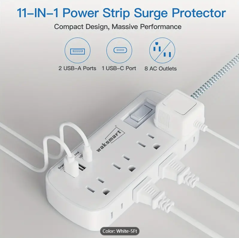 2PCS Flat Plug Surge Protector Power Strip, 5 Ft Braided Flat Extension Cord With 3 USB Charger (1 USB C), 8 AC Outlets Compact Desk Charging Station Wall Mount For Office, School, Dorm