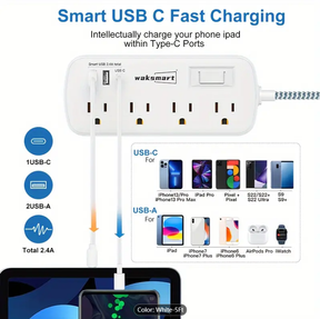 2PCS Flat Plug Surge Protector Power Strip, 5 Ft Braided Flat Extension Cord With 3 USB Charger (1 USB C), 8 AC Outlets Compact Desk Charging Station Wall Mount For Office, School, Dorm