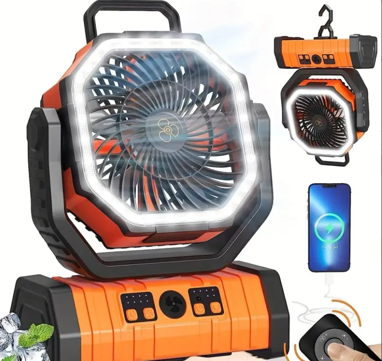 Portable USB Rechargeable Outdoor Fan with LED Lights for Camping, Fishing, Office, Home Use