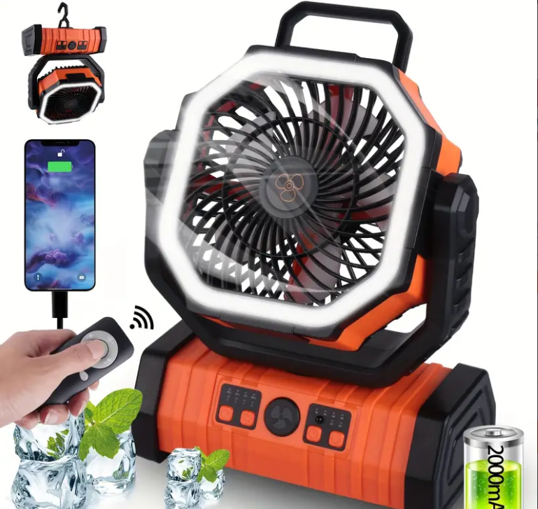 Portable USB Rechargeable Outdoor Fan with LED Lights for Camping, Fishing, Office, Home Use