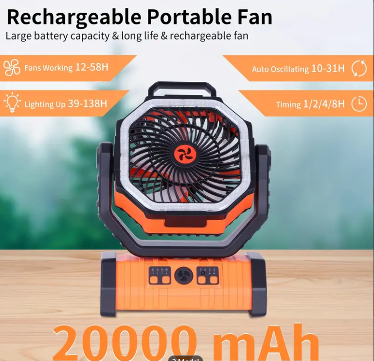 Portable USB Rechargeable Outdoor Fan with LED Lights for Camping, Fishing, Office, Home Use